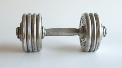 Naklejka premium A steel dumbbell with a matte finish, centered in the frame, with soft lighting and a white background that makes it pop.