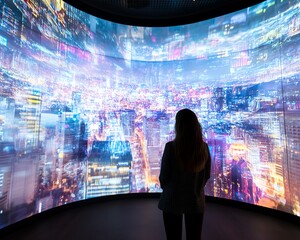 Obraz premium Silhouette of a woman gazing at a large immersive screen displaying a vibrant cityscape at night. Technology, future, and urban concepts.