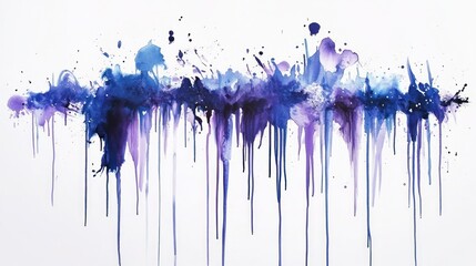 Fototapeta premium Abstract blue and purple watercolor paint splatter and drip artwork on white background.