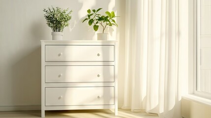 A stylish white chest of drawers in a sunlit room with drawers neatly organized and a small indoor plant for decor.