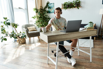 Young man with a prosthetic leg engages in work and relaxation at home with style and comfort