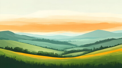 Green hills and valleys stretch beneath a warm, hazy sky in a serene landscape painting.