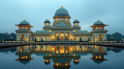 Fototapeta premium Illuminated mosque reflected in water at dawn.