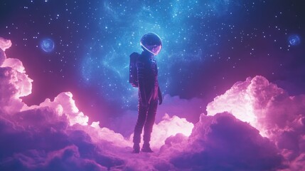 Naklejka premium Astronaut standing on clouds in vibrant neon space.