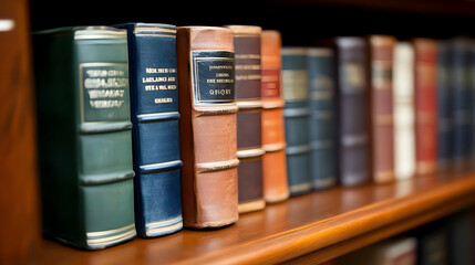 Naklejka premium Antique Books Stand on a Wooden Shelf in a Library, Showcasing Classic Literature and History.