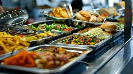 assortment food in modern school canteen on trays