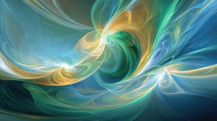 A colorful abstract piece with dynamic blue and green swirls, accented by soft gold and white highlights