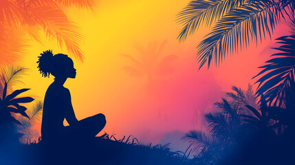 A serene silhouette of a woman meditating amidst vibrant tropical foliage against a colorful sunset background