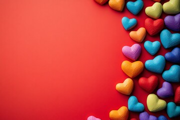 Obraz premium Simple and Minimalist Red Background with Colorful Heart Decorations for Valentine's Day Celebrations, Perfect for Cards and Romantic Designs