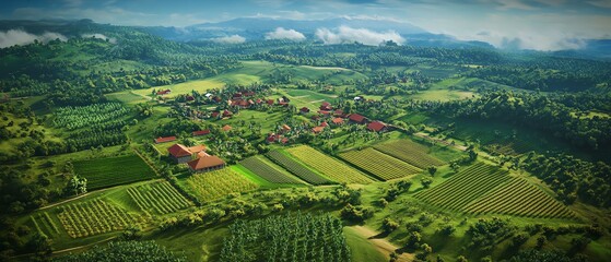 Fototapeta premium Aerial view of a picturesque village nestled in lush green farmland. Rolling hills and vibrant fields create a stunning landscape.