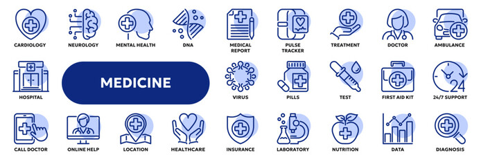 Set of vector line icons related to healthcare and medicine, first aid, pharmacy. Symbols for website or app ui, logo design, illustration