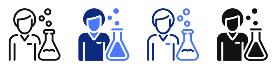Vector icon or logo of scientist with flask related to chemistry science, laboratory experiment. Symbol for website or app ui, logo design, illustration