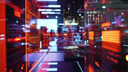 Futuristic Data Center with Glowing Panels and Digital Connections