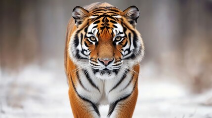 Tiger portrait in black and white colors, World wildlife day concept, spectacular majestic proud animal walking forward, wide low key toned banner background with panthera tigris and empty copy space 