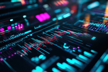 Obraz premium Futuristic digital graphs illustrating data analytics in vibrant neon colors