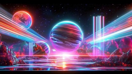 Vibrant Digital Painting: Cosmic Scene with Glowing Planets and Energetic Light Streaks. AI Generated