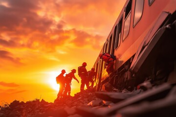 Rescue workers aiding individuals during a dramatic sunset near train wreckage