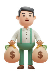 3D Cartoon-Style Male Character with Money-Filled Pouches