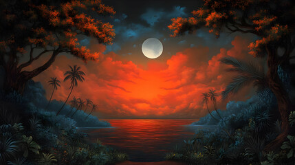 Fototapeta premium Tropical Night Illustration: Moonlit Ocean