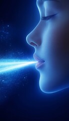Obraz premium Digital Woman Profile with Glowing Particle Trails on Blue Background, Futuristic Design