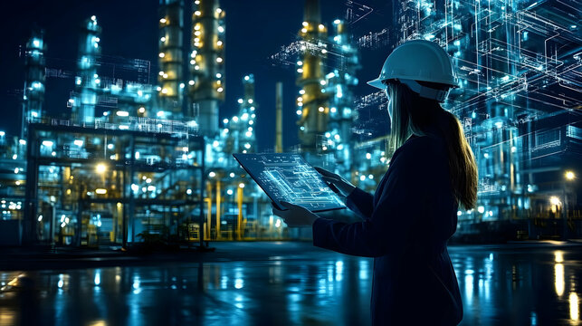 Engineer uses digital tablet to monitor industrial plant operations at night with augmented reality overlay.