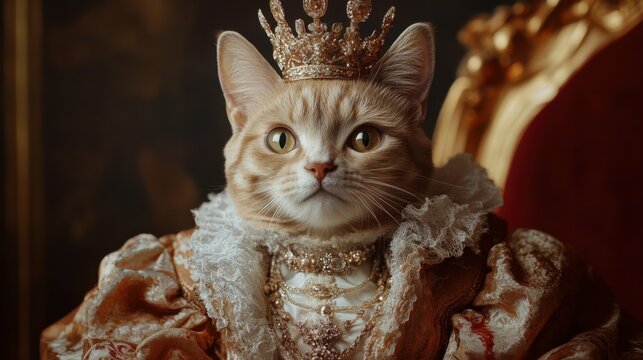 a glamorous high-end portrait of a Sokoke cat dressed in stylish clothing and adorned with exquisite jewelry, wearing a crown against a luxurious backdrop, capturing expressive details and elegance.