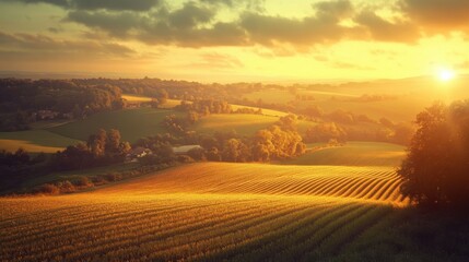 rural landscape with farm fields, sunset light, rolling hills, warm tones, rich textures, serene countryside, peaceful scene, golden hour, idyllic view