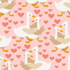 Seamless pattern cartoon geese in love hugging among hearts. Vector white romantic background for packaging design, fabric