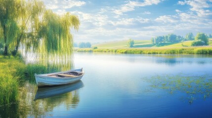 Obraz premium Serene sunrise over calm lake with a small boat moored near a weeping willow tree.