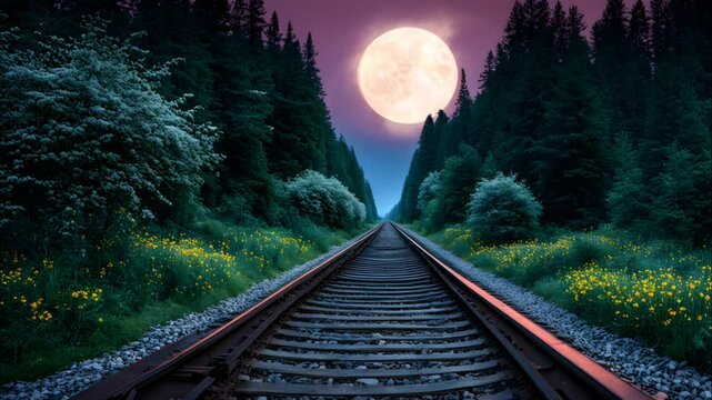 Railroad track through forest with full moon in night sky seamless looping 4k time-lapse animation video background. Night journey concept