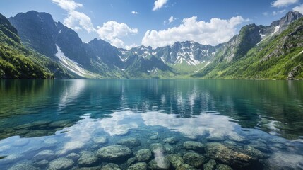 Naklejka premium Serene Mountain Lake with Clear Water and Rocky Shoreline Reflection