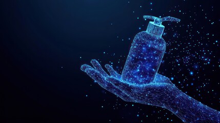 Hand holding a digital rendering of a bottle of liquid soap.