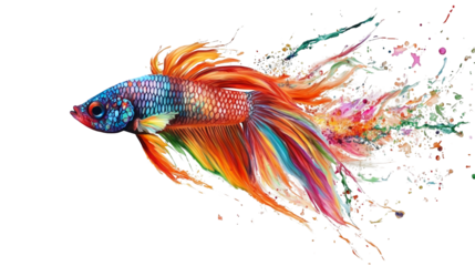A burst of multicolored paint splashes forming the shape of a fish isolated on a transparent background, PNG