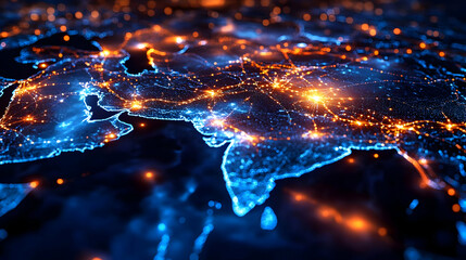 Abstract 3D Illustration Shows Glowing Lines Connecting Points on a Map, Representing Global Networks.