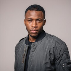 Obraz premium Portrait of fashionable black man in jacket isolated on plain background