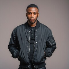 Obraz premium Portrait of fashionable black man in jacket isolated on plain background