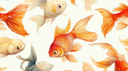 Seamless pattern of colorful golden ornamental goldfish with long fins and tails suitable for textile, tiles or wallpaper, square format