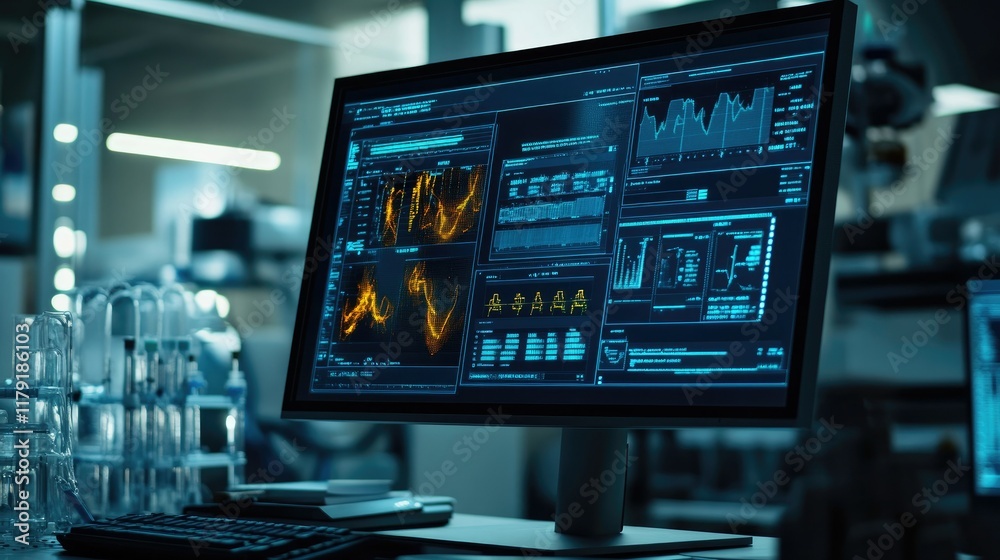 Poster high-tech computer screen displaying data analytics in laboratory