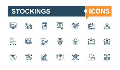 Stockings set of modern icons. Contains related to sock, winter, warehouse, man, art, cart, shelf, app. Thin linear style icons. Editable vector outline and solid icons.