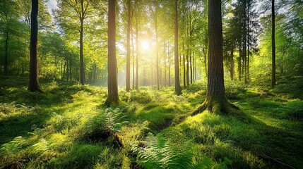 Obraz premium Sunlit Forest: A Serene and Lush Green Landscape