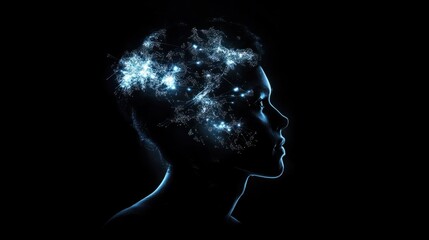 Obraz premium A futuristic silhouette of a human head glowing with digital particles and advanced AI connections
