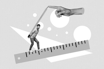 Creative collage image of mini black white effect guy walk ruler hold carry huge pencil arm finger...