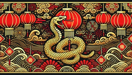 Elegant golden snake illustration for Chinese New Year. Generated with AI.