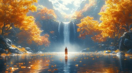 Fototapeta premium A serene landscape featuring a waterfall surrounded by vibrant autumn foliage.
