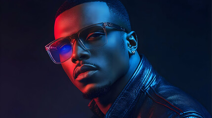 Stylish Man Poses in Clear Glasses and Leather Jacket Under Red and Blue Lighting