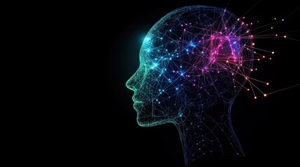 Fototapeta premium A futuristic wireframe head glowing with data streams and neural connections, representing artificial intelligence technology