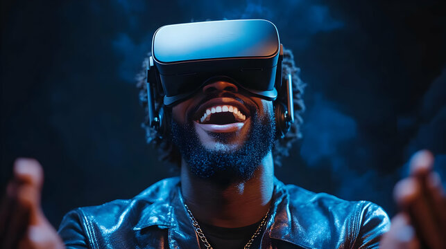Excited Man Enjoys Virtual Reality Experience with VR Headset in Smoky Room with Intensely Blue Light