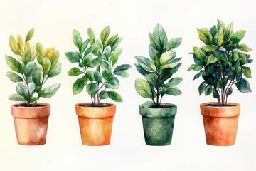A watercolor illustration of four potted plants in various colors and styles.