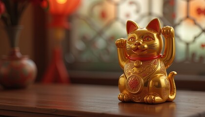 Golden Maneki-neko figurine in traditional setting.