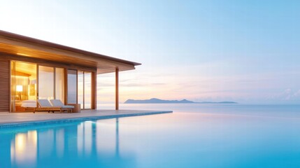Fototapeta premium Luxurious Villa with Pool and Terrace Overlooking Scenic Panorama of Ocean and Sky